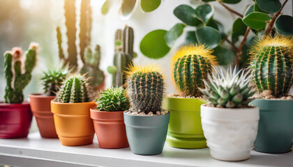 Colorful cactus collection in vibrant pots on white shelf