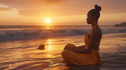 A woman meditates on the beach at sunset, embracing tranquility and peace in a serene coastal setting.