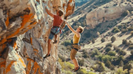 Two rock climbers ascend a rugged cliff face with natural scenery in the background, showcasing an adventurous outdoor activity.