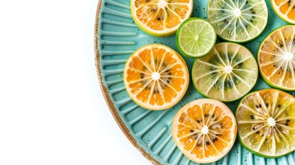 Sliced citrus fruits, including oranges and limes, on a teal ceramic plate against a white background, showcasing fresh, vibrant colors.