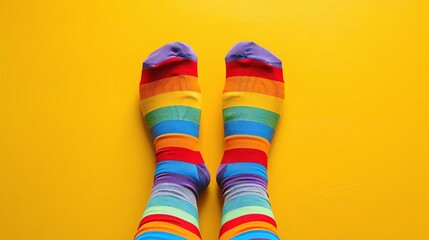 rainbow Patterned socks, blank space, minimalism, negative space, background wallpaper template, pride month LGBTQIA theme