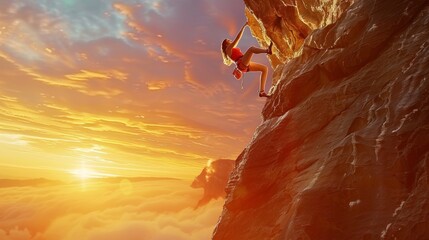 Woman rock climbing at sunset, with a breathtaking view of clouds below and a glowing horizon, symbolizing adventure and perseverance.