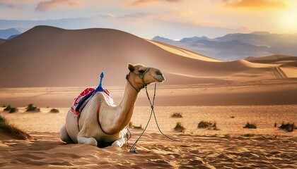 Fototapeta premium camel stranded in a vast, desolate desert, highlighting the stark and isolated landscape background
