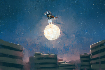Girl in pajamas standing and playing violin on the moon ball, digital art painting, loosely painterly style.