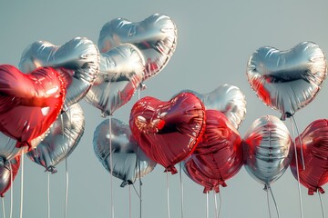 Red and silver heart-shaped balloons in sky - A cluster of glossy silver and red heart-shaped balloons floating against a blue sky, symbolizing love and celebration