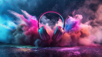 Striking image of headphones suspended against a backdrop of vivid, exploding neon colors, emanating a sense of dynamic movement and energy
