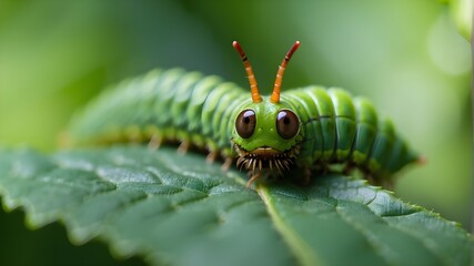 Macro portrait of a green caterpillar on a leaf with out of focus background, worm face with antennae, insect