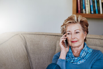 Phone call, relax and thinking with senior woman on sofa in living room of retirement home for...