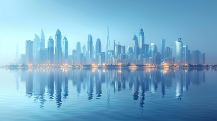 Fototapeta premium modern skyscrapers of a smart city futuristic financial district graphic perspective of buildings and reflections architectural blue background for corporate.stock photo