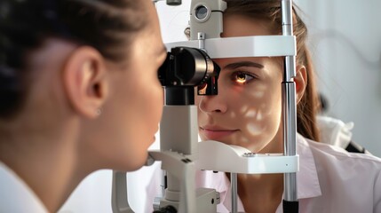 An eye examination using specialized equipment in an optometrists office. Created with Generative AI.