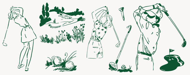 Golf, Golfing Woman Golfer Swing Golf Ball, Vintage Collection Vector Hand-Drawn Illustration Set