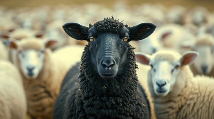 Fototapeta premium a black sheep among a flock of white sheep raising head as a leader concept of standing out from the crowd of being different and unique with its own identity.illustration,stock photo