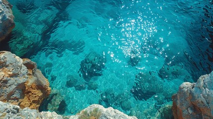 View from above of the crystal clear water along the shoreline with rocky seabed