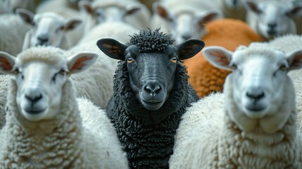 a black sheep among a flock of white sheep raising head as a leader concept of standing out from the crowd of being different and unique with its own identity.illustration
