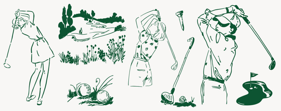 Golf, Golfing Woman Golfer Swing Golf Ball, Vintage Collection Vector Hand-Drawn Illustration Set