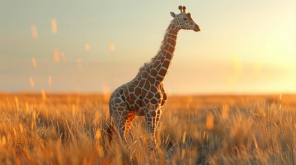 The giraffe is standing in the middle of the savanna. The sun is setting in the background. The...