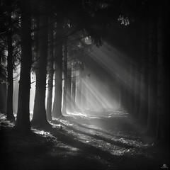 A black-and-white photo of a foggy forest path with light filtering through the trees, creating a mysterious atmosphere. 