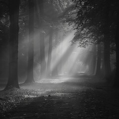 A black-and-white photo of a foggy forest path with light filtering through the trees, creating a mysterious atmosphere. 