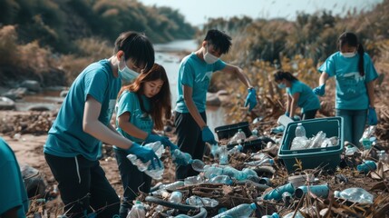 Volunteers wearing blue shirts and face masks, cleaning up plastic pollution and litter from a river bank to protect the environment. - Powered by Adobe