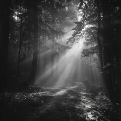 A black-and-white photo of a foggy forest path with light filtering through the trees, creating a...