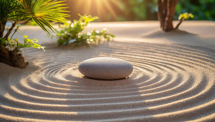 Zen garden with round stone in meticulously raked sand, epitomizing tranquility and mindfulness, perfect for spa relaxation