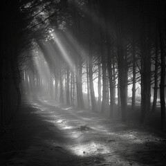 Naklejka premium A black-and-white photo of a foggy forest path with light filtering through the trees, creating a mysterious atmosphere.