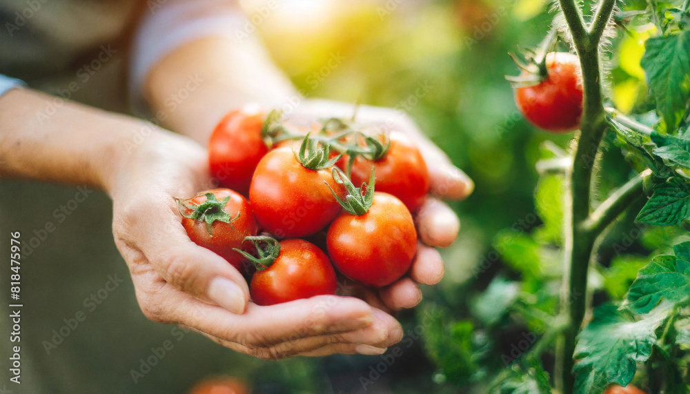 Poster woman's hands holding freshly harvested tomatoes, promoting sustainable urban living