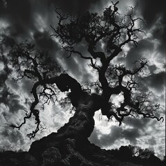 A monochromatic photo of an ancient, gnarled tree with its twisted branches silhouetted against a cloudy sky.