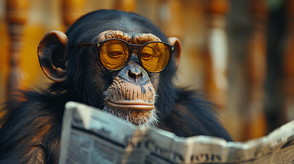 A monkey sitting reading a newspaper a funny