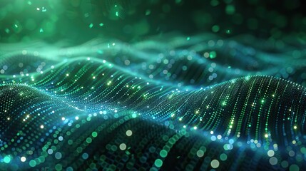 abstract blue green technology background with a cyber network grid and connected particles artificial neurons global data connections .illustration