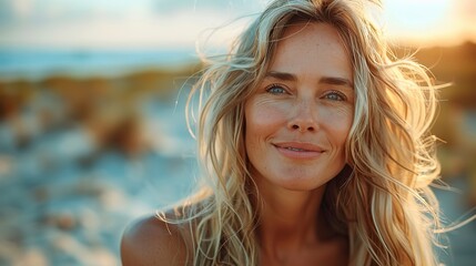 smiling mature woman at the beach happy joyful enjoying sunny weather near the ocean natural and relaxed senior lifestyle.illustration