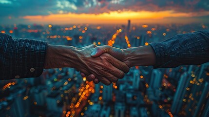 businessmen handshake on an abstract background corporate skyscrapers at sunset double exposure partnership success deal agreement cooperation business contract concept.stock photo