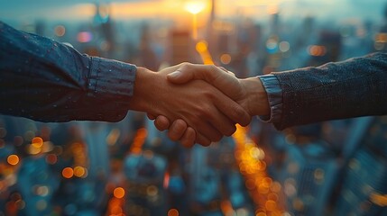 businessmen handshake on an abstract background corporate skyscrapers at sunset double exposure partnership success deal agreement cooperation business contract concept.illustration,stock photo
