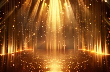 The golden stage background is illuminated by bright lights, with symmetrical pillars and rays of light shining down from the top left corner to form an abstract shape - Powered by Adobe