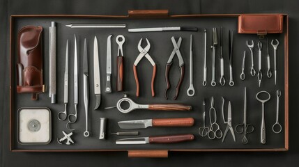 A neatly arranged set of specialized tools including pliers, tweezers, scissors, and knives displayed on a mat or case.