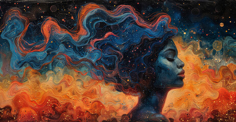 Colorful Woman with Cosmic Hair Painting - A striking painting of a woman with her hair flowing into a colorful cosmic landscape, merging beauty with the universe