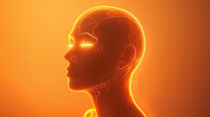 Abstract faceless futurist with neon light outlines, minimal orange background with blank text area