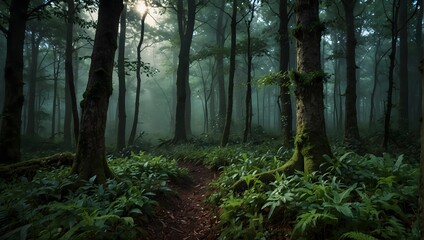 Obraz premium In a forest where green magic whispers through the leaves, a curious wanderer must unlock its secrets to save their enchanted homeland ai_generated