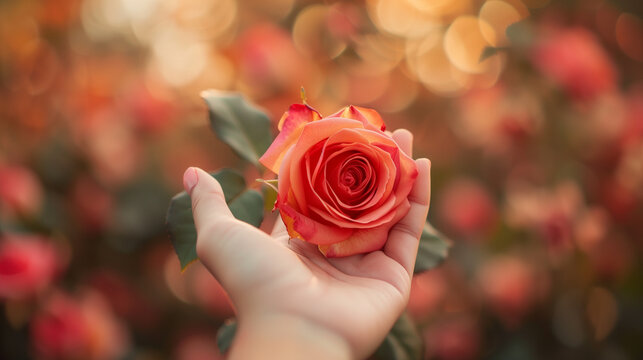 A person's hand is holding a rose, the details of the beautiful flower petals are clearly visible, Ai generated Images - Powered by Adobe
