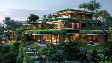 Sustainable living in eco-friendly communities, featuring homes powered by renewable energy