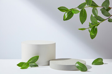 Unique template for designing green tea products advertising, a blank round pedestal next to a...