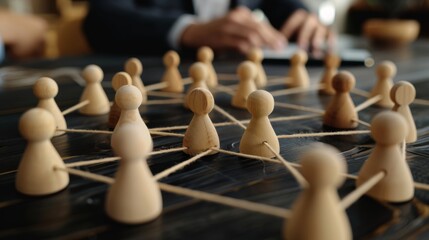 Wooden figures connected by strings on a table, symbolizing networking, teamwork, and collaboration. Business professional in the background.