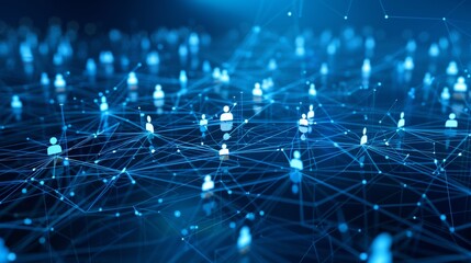Abstract digital network of connected people icons symbolizing communication, social media, and data exchange on a blue background.