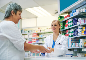 Pharmacy, shop and customer buying medicine, pills or advice on drugs for healthcare product....