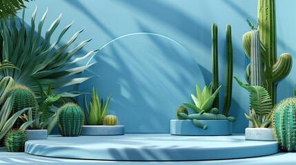 Podium 3D background cactus product summer cosmetic platform display desert. Background 3D podium stone scene stand sand mockup nature stage beauty white room green creative beach concept yellow rock