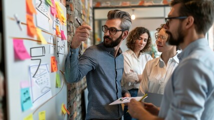 Team collaborating on brainstorming session, using sticky notes and charts on whiteboard in modern office setting. Creative planning.