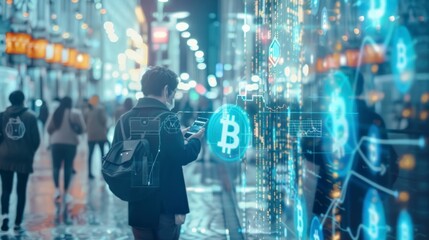 Fototapeta premium innovative city surrounded by screens with bitcoin logo with neon lights