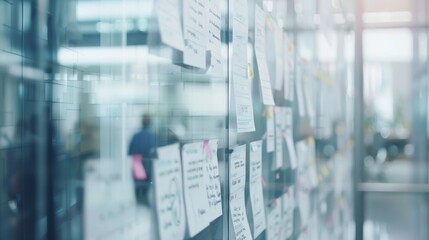 "A workspace brainstorming session with sticky notes on glass walls, capturing collaborative planning and innovative ideas in a modern office."