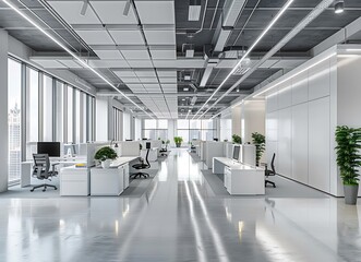 Modern office interior with white walls and light gray carpet flooring