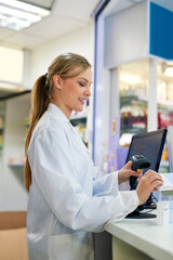 Pharmacy, shop and scanning medicine product, barcode or label on drugs for healthcare payment....